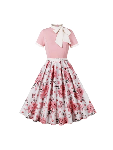 Vintage 50s Retro Floral Polka Dot Dress With Bow Tie Short Sleeve A-Line Swing Party Dress For Women Cotton Blend