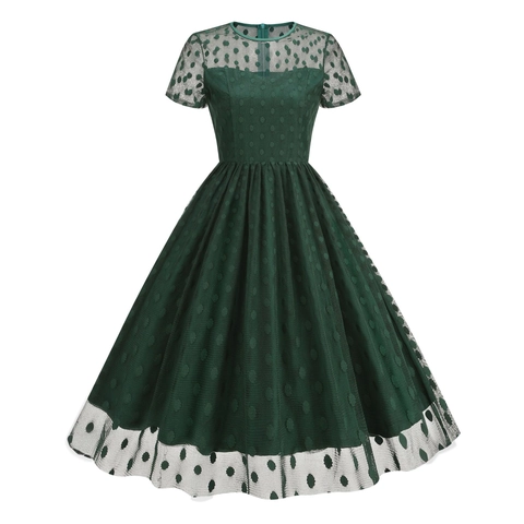 Vestido Midi de Mujer Vintage Años 50 Estilo Hepburn de Lunares Malla Elegante Cuello Redondo Manga Corta Línea A Fiesta Cóctel