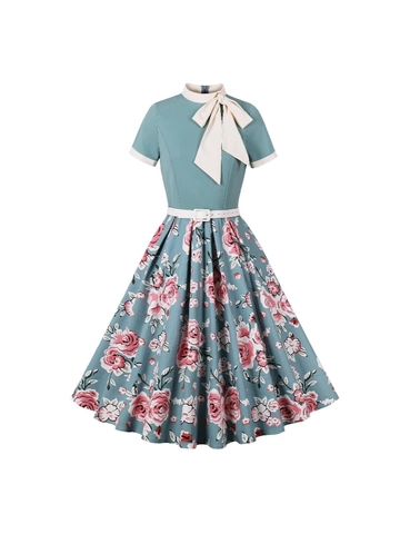 Vintage 50s Retro Floral Polka Dot Dress With Bow Tie Short Sleeve A-Line Swing Party Dress For Women Cotton Blend