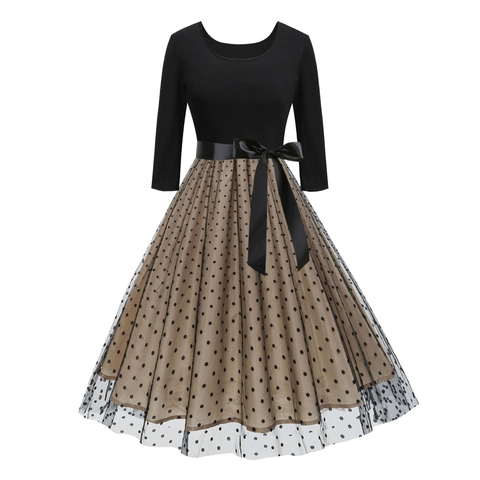 Abito a Trapezio Vintage in Mesh Patchwork da Donna Elegante Ricamo Polka Dot Cuore Floccatura Swing Midi Con Cintura in Satin