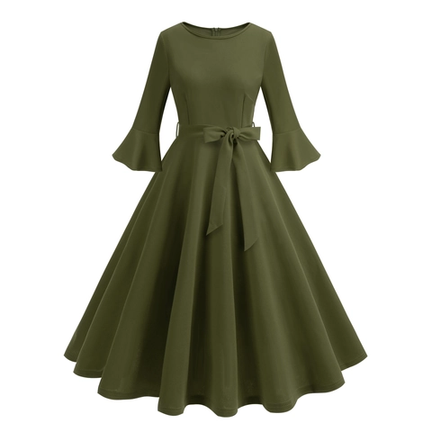 Abito Midi Vintage Donna Elegante Tinta Unita Girocollo Linea A Con Maniche a Campana e Cintura a Fiocco per Festa Moda Autunnale