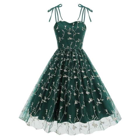 Women Vintage Spaghetti Strap Mesh Embroidery Dress Elegant Sweetheart Neck A-Line Midi Party Dress With Bows For Wedding