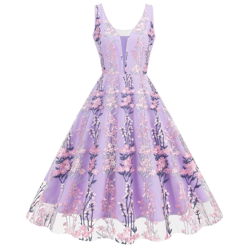 Damen Vintage V-Ausschnitt Ärmellos Blumenstickerei Netzgewebe Kleid Elegant Schlank Hohe Taille A-Linie Midi Abendkleid