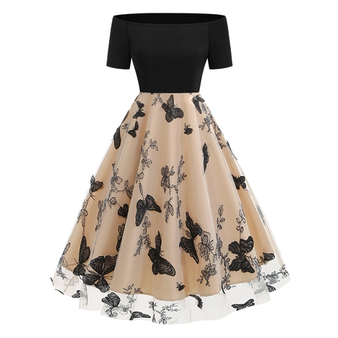 Vintage Off Shoulder Mesh Patchwork Dress Elegant Butterfly Floral Embroidery Hepburn A-Line Banquet Midi Dress For Women