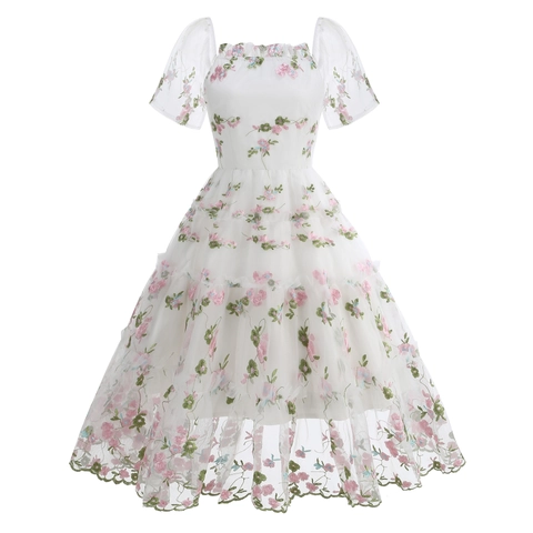 Vintage Quadratischer Ausschnitt Puffärmel Blumen Bestickt Netzgewebe Kleid Für Damen Eleganter Stufenrock A-Linie Party Midi Kleid