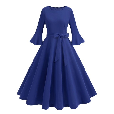 Abito Midi Vintage Donna Elegante Tinta Unita Girocollo Linea A Con Maniche a Campana e Cintura a Fiocco per Festa Moda Autunnale