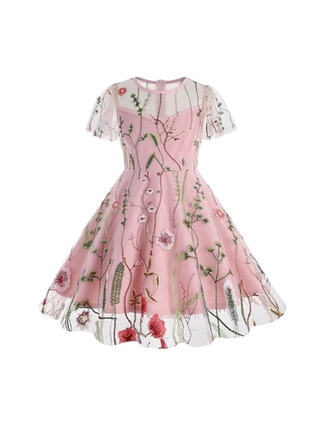 Abito da Ragazza Elegante con Ricamo Floreale in Rete Manica Corta Linea A Principessa Festa Tutu per Compleanno Matrimonio