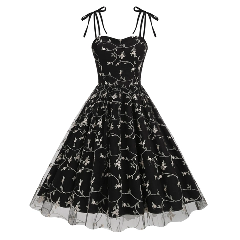 Women Vintage Spaghetti Strap Mesh Embroidery Dress Elegant Sweetheart Neck A-Line Midi Party Dress With Bows For Wedding