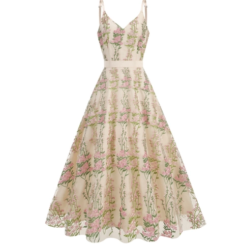 Vestido Maxi Vintage para Mujer Cuello en V Bordado Malla Floral Elegante Tirantes Línea A Fiesta Gala