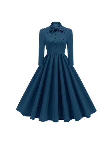French Retro Women Long Sleeve Midi Dress Bow Tie A-Line Flared Dress High Waist Hepburn Style Party Formal Evening Gown