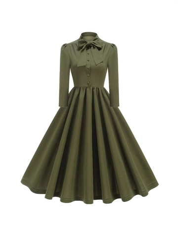 French Retro Women Long Sleeve Midi Dress Bow Tie A-Line Flared Dress High Waist Hepburn Style Party Formal Evening Gown