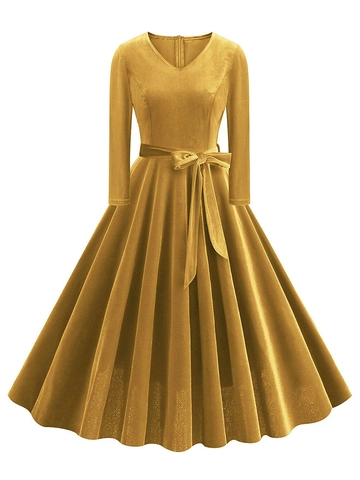Vintage V-Ausschnitt Langarm Baumwollmischung Samt Textur Midi Kleid Mit Schleife Taille Gürtel Elegantes A-Linie Partykleid Damen