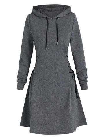 Dames Casual Jurk Met Capuchon Lange Mouwen Polyester Vetersluiting Zijkant A-Lijn Midi Jurk Voor Herfst Winter Mode