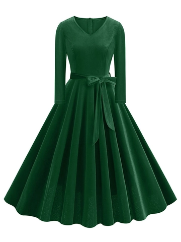 Vintage V-Ausschnitt Langarm Baumwollmischung Samt Textur Midi Kleid Mit Schleife Taille Gürtel Elegantes A-Linie Partykleid Damen