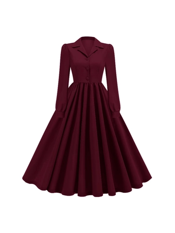 Vintage Hepburn Stil Langarmkleid Damen Elegant A-Linie Midi Kleid Mit Reverskragen Einreihig Formelles Partykleid