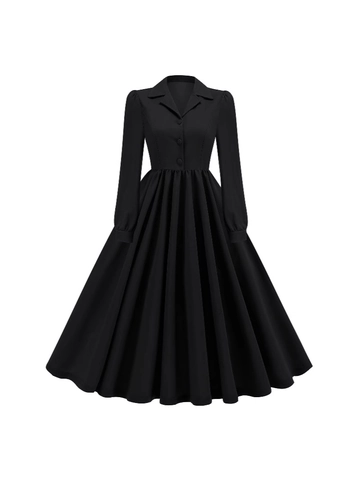 Vintage Hepburn Stil Langarmkleid Damen Elegant A-Linie Midi Kleid Mit Reverskragen Einreihig Formelles Partykleid