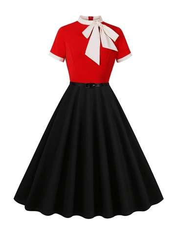Women Vintage Hepburn Style Midi Dress Color Splicing Short Sleeve A-Line Party Dress With Bow And Belt Elegant Retro Dress