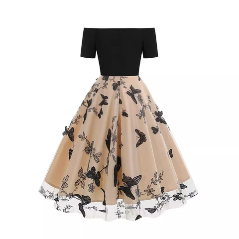 Vintage Off Shoulder Mesh Patchwork Dress Elegant Butterfly Floral Embroidery Hepburn A-Line Banquet Midi Dress For Women