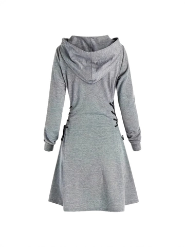 Dames Casual Jurk Met Capuchon Lange Mouwen Polyester Vetersluiting Zijkant A-Lijn Midi Jurk Voor Herfst Winter Mode