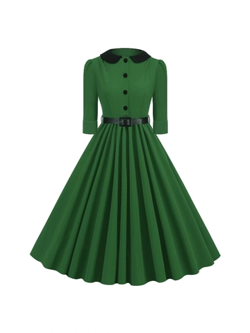 Vintage Hepburn Style Midi Dress For Women Peter Pan Collar 3/4 Sleeve Pleated A-Line Swing Party Dress With Belt