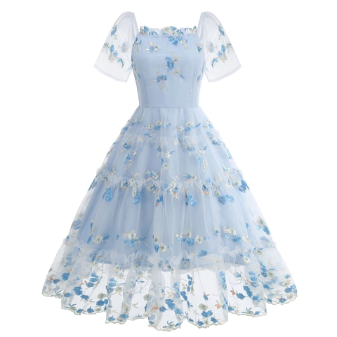 Vintage Quadratischer Ausschnitt Puffärmel Blumen Bestickt Netzgewebe Kleid Für Damen Eleganter Stufenrock A-Linie Party Midi Kleid