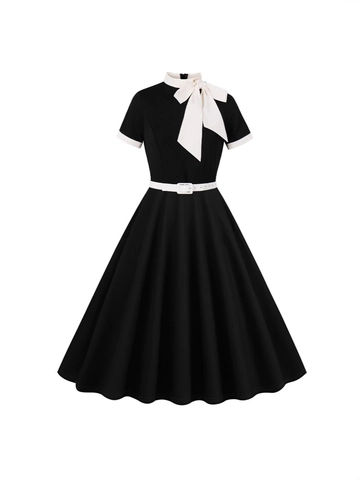 Women Vintage Hepburn Style Midi Dress Color Splicing Short Sleeve A-Line Party Dress With Bow And Belt Elegant Retro Dress