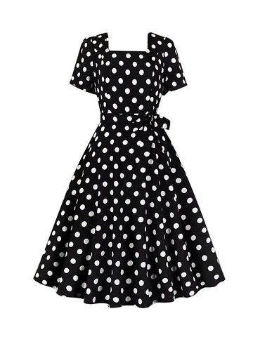 Women's Vintage Polka Dot Square Neck Short Sleeve Midi Dress With Bow Tie Belt Retro A-Line Elegant Summer Party Dress