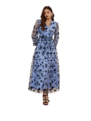 Damen Vintage Mesh Blumen Maxi Kleid Elegant V Ausschnitt Beflockung Lange Laternenärmel Bindegürtel A-Linie Partykleid