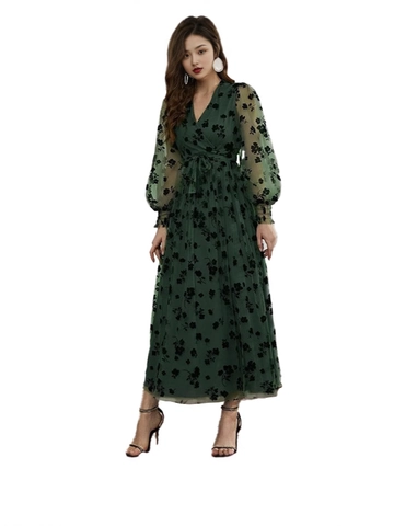 Damen Vintage Mesh Blumen Maxi Kleid Elegant V Ausschnitt Beflockung Lange Laternenärmel Bindegürtel A-Linie Partykleid