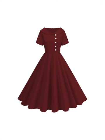 Vestido Midi de Estilo Hepburn Retro para Mujer Color Sólido Manga Corta Cuello Redondo Con Botones Cintura Alta Vestido de Fiesta Gran Vuelo