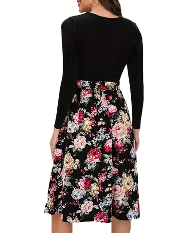 Damen Vintage Floral Patchwork Langarm Midi Kleid Rundhals Schleife Taille A-Linie Casual Retro Elegant Party Kleid