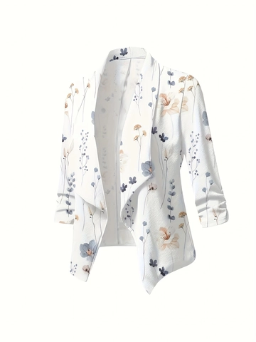Dames Jas met Bloemenprint Polyester Revers Open Voorkant Cardigan Gerimpelde Mouw Slim Fit Casual Elegante Bovenkleding Blazer
