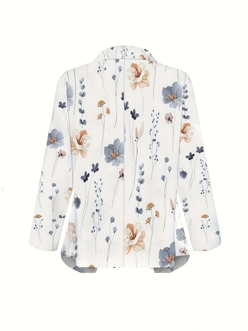 Dames Jas met Bloemenprint Polyester Revers Open Voorkant Cardigan Gerimpelde Mouw Slim Fit Casual Elegante Bovenkleding Blazer
