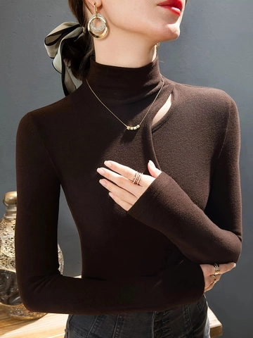 Dames Casual Vintage Slim Fit Halfhoge Hals Lange Mouw T-shirt Met Opengewerkt Ontwerp Koffiebruin Effen Kleur Top