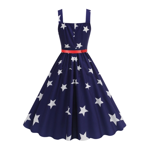 Vintage 50er Jahre Damen Ärmelloses A-Linien-Kleid Unabhängigkeitstag Amerikanische Flagge Stern Streifen Patchwork Retro Midi Kleid