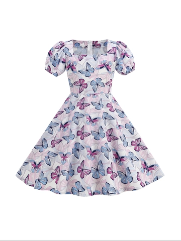 Mädchen Sommer Frisches Bedrucktes Kleid Eckiger Ausschnitt Puffärmel Prinzessinnenkleid Schmetterling Erdbeere Orange Eiscreme Druck Mittellang