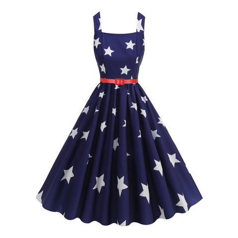Vintage 50er Jahre Damen Ärmelloses A-Linien-Kleid Unabhängigkeitstag Amerikanische Flagge Stern Streifen Patchwork Retro Midi Kleid