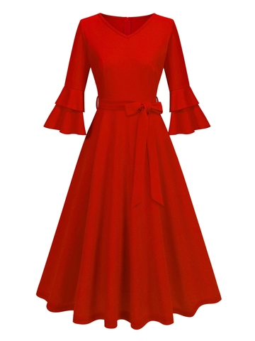 Dames Vintage Midi-jurk met V-hals en Klokmouwen Effen Kleur Elegante A-lijn Feestjurk met Riem Zomer Casual Outfit