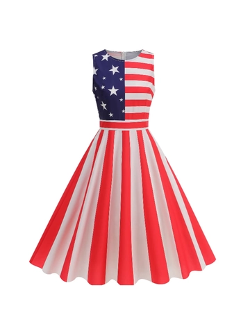 Damen Retro Unabhängigkeitstag Ärmelloses Midi-Kleid Patriotisch USA-Flagge Sterne Streifen Druck A-Linie Sommer Partykleid
