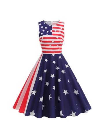 Damen Retro Unabhängigkeitstag Ärmelloses Midi-Kleid Patriotisch USA-Flagge Sterne Streifen Druck A-Linie Sommer Partykleid