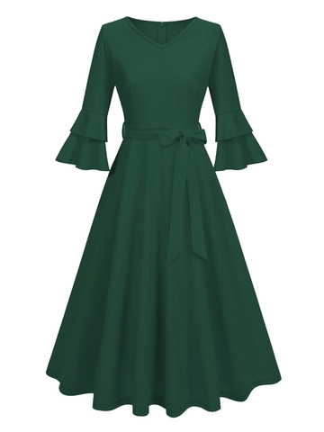 Dames Vintage Midi-jurk met V-hals en Klokmouwen Effen Kleur Elegante A-lijn Feestjurk met Riem Zomer Casual Outfit