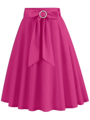 Women Vintage High Waist A-Line Skirt With Bow Belt Rhinestone Buckle Elegant Solid Color Short Flare Pleated Skirt