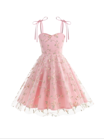 Mädchen Floral Besticktes Netz Kleid Verstellbare Schulterträger Mit Schleife Herzausschnitt A-Linie Prinzessin Party Kleid Kinder