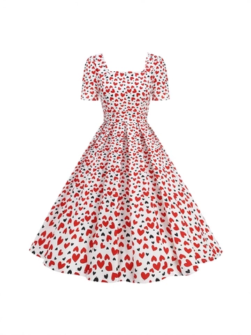 Vintage 1950er Retro Herz Druck Kleid Eckiger Ausschnitt Kurz Puffärmel A-Linie Midi Plissee Swing Party Damen Mode Kleidung