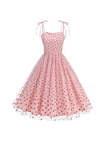 Vestido Midi de Tirantes Dulce para Mujer Estampado Fresa Corazón Malla Tul Línea A Dobladillo Lazo Vestido Princesa San Valentín