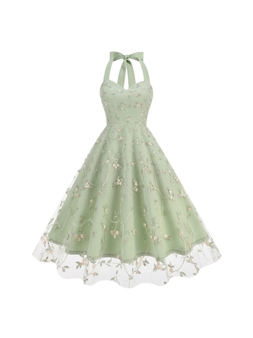 Robe de Femme Vintage Brodée de Fleurs Dos Nu en Maille Élégante Trapèze Sans Manches avec Nœud Arrière pour Mariage