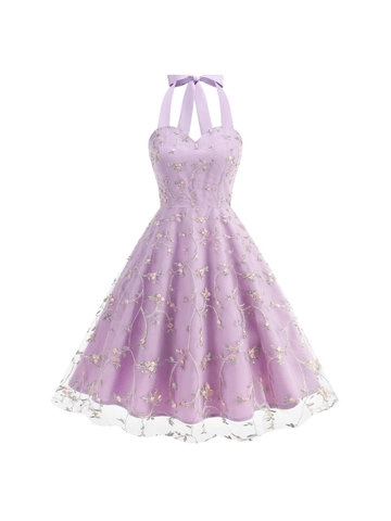Robe de Femme Vintage Brodée de Fleurs Dos Nu en Maille Élégante Trapèze Sans Manches avec Nœud Arrière pour Mariage