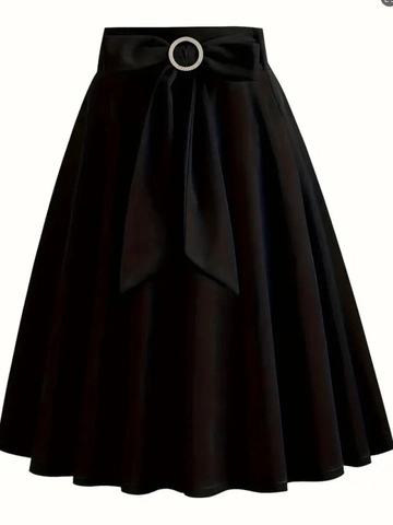 Women Vintage High Waist A-Line Skirt With Bow Belt Rhinestone Buckle Elegant Solid Color Short Flare Pleated Skirt