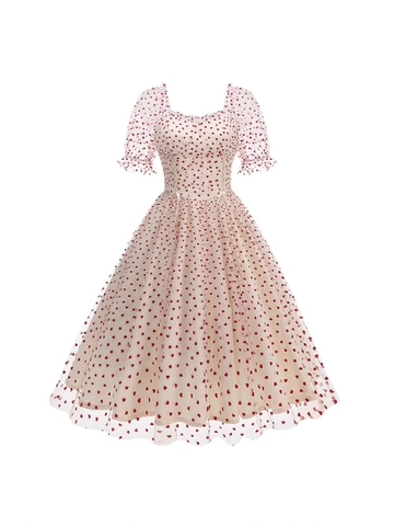 Franse Vintage Sweet Heart Print Mesh Jurk Pofmouwen Vierkante Hals Midi Jurk Voor Vrouwen Valentijnsdag Elegante Feestjurk