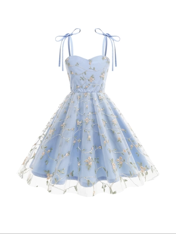 Mädchen Floral Besticktes Netz Kleid Verstellbare Schulterträger Mit Schleife Herzausschnitt A-Linie Prinzessin Party Kleid Kinder